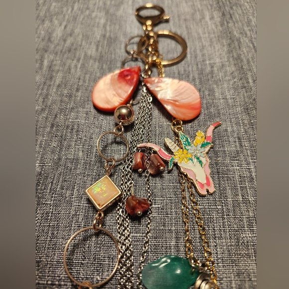 Purse Charm Kechain Handmade Vintage & New Materials Boho Coral/Aqua - Picture 6 of 8